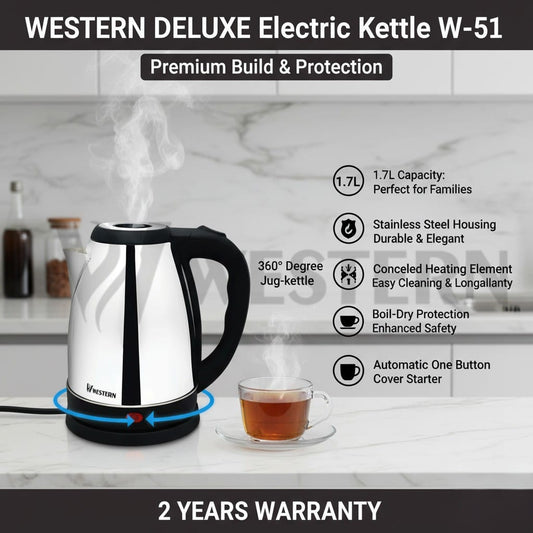 Western Deluxe Electric Kettle W-51 – 1.7L Stainless Steel Electric Kettle | | 2-Year Warranty