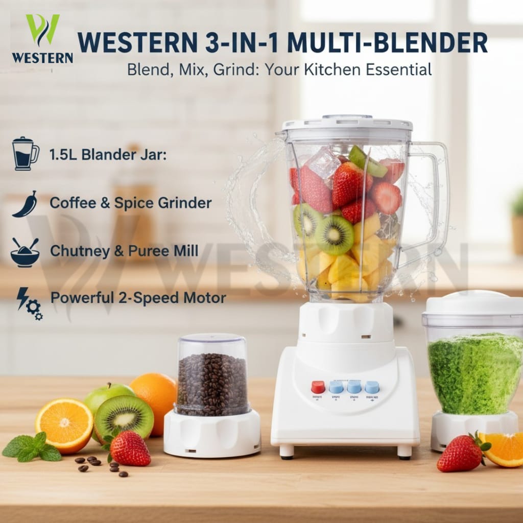 Western 3-in-1 Multi-Blender W-003 – Juicer Blender Machine | 1.5L Jar | Coffee & Spice Grinder