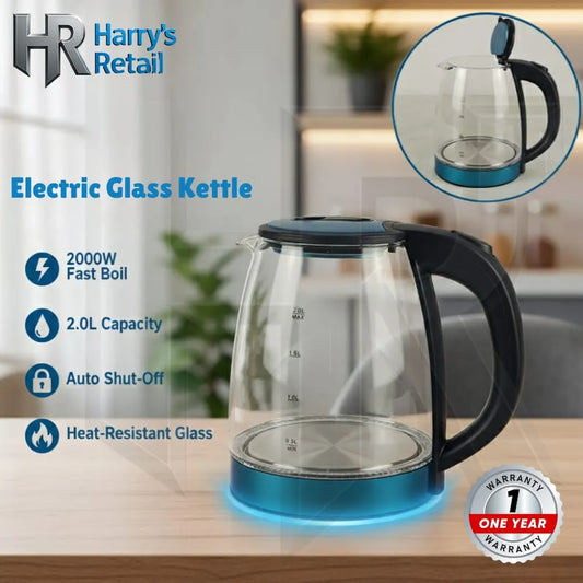 2L Electric Glass Kettle – 1500W Fast Boil with Blue LED