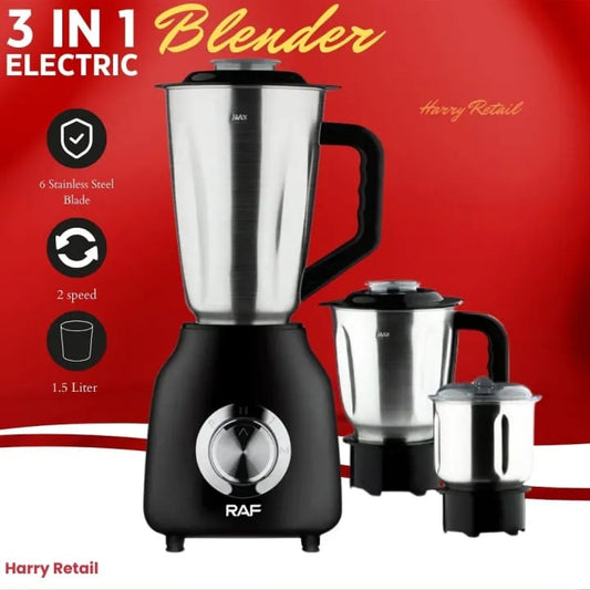 RAF 3-in-1 Blender – 1.5L Jug | 2 Speed Control | 6 Stainless Steel Blades | Juicer, Blender & Grinder Machine