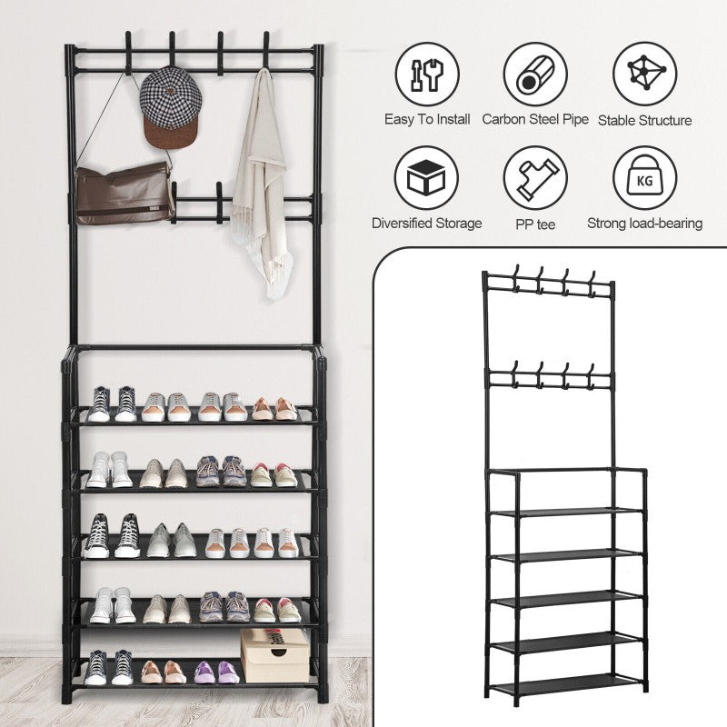 Multifunctional Shoe Rack Stand – 5 Layer Shoe Storage Rack with Coat & Hat Hanger | Metal Entryway Organizer