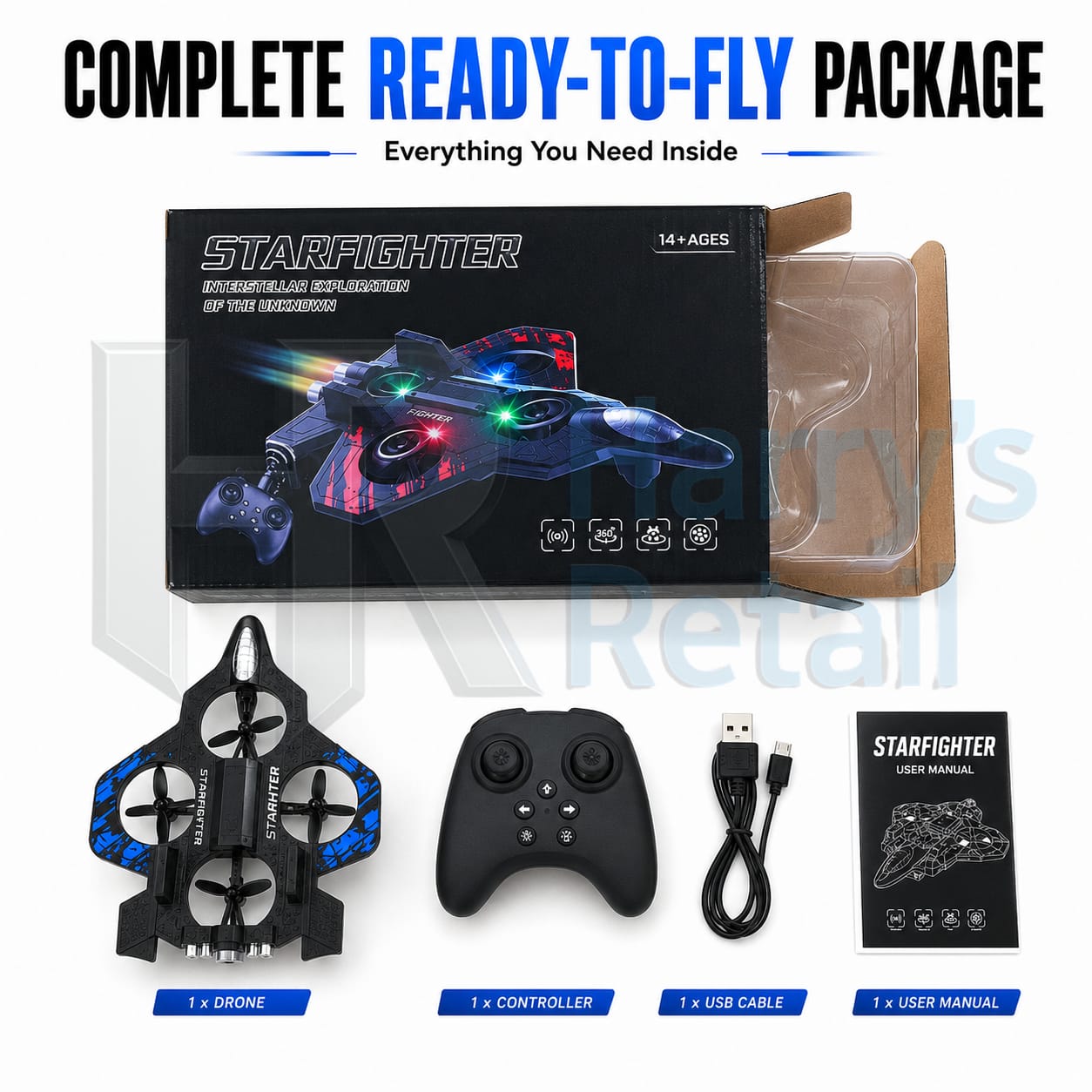 Starfighter RC Drone Plane with LED Lights & 2.4GHz Remote Control | Rechargeable Flying Toy for Kids