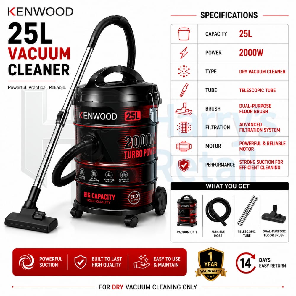 Kenwood 25L Vacuum Cleaner 2000W Turbo Power | Powerful Suction Dry Vacuum Cleaner | Large Capacity Dust Cleaner with Advanced Filtration