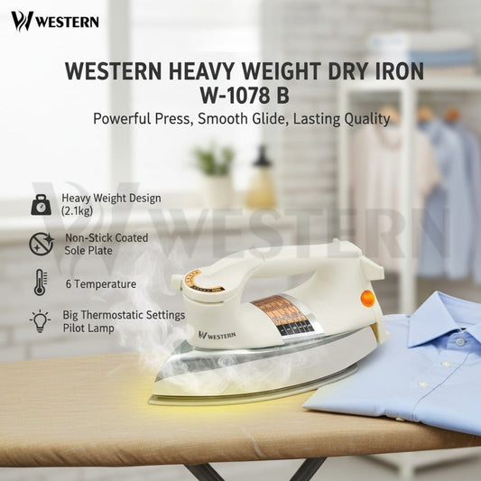 Western Heavy Weight Dry Iron 1078-B – Adjustable Temperature Control| Non-Stick Soleplate