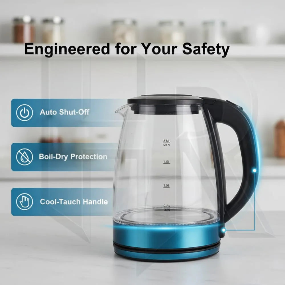 2L Electric Glass Kettle – 1500W Fast Boil Water Heater | Blue LED Light | Heat-Resistant Glass Body