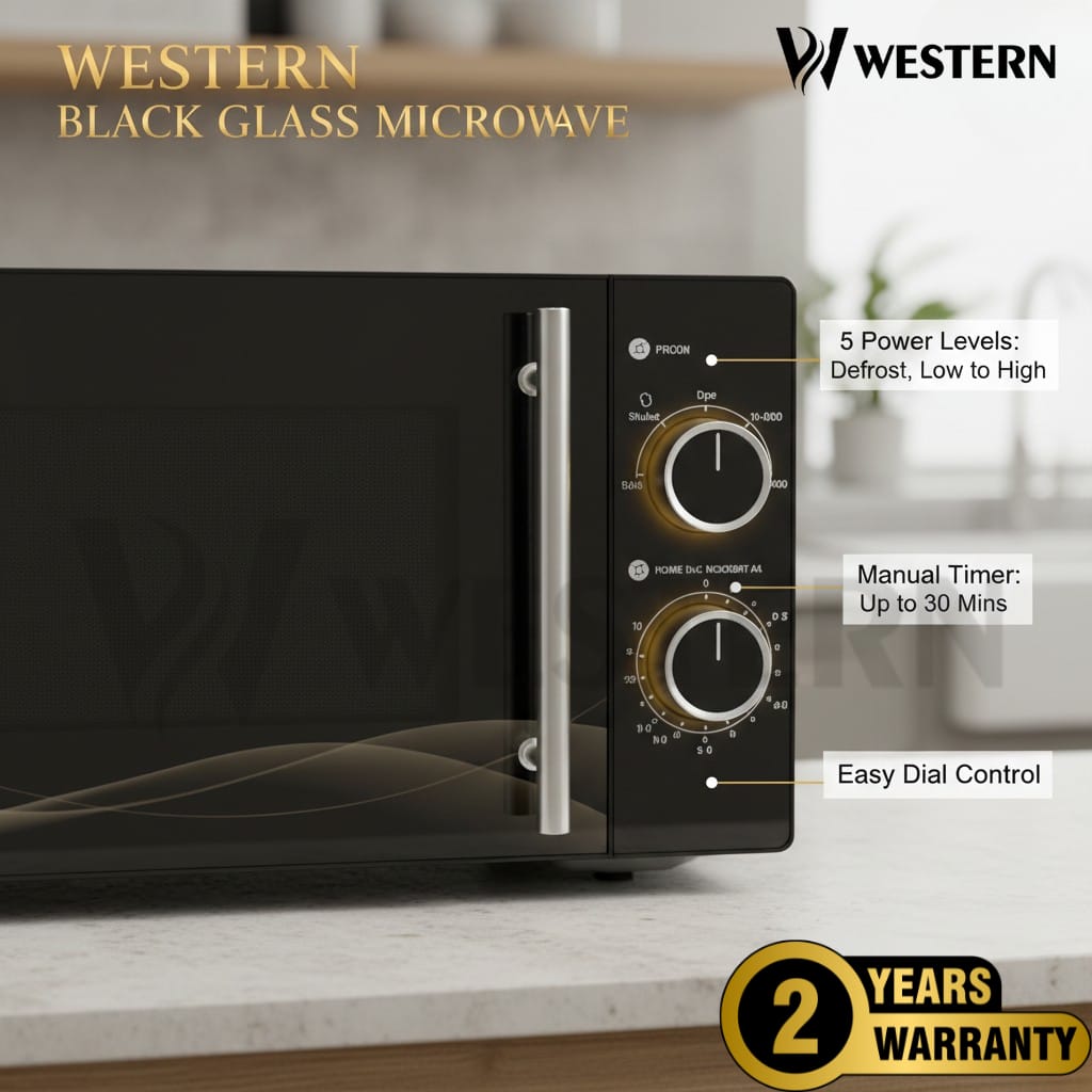 Western Premium Black Glass Microwave Oven HK4 – 20L Microwave Oven | 700W Power | 5 Power Levels | 2-Year Warranty