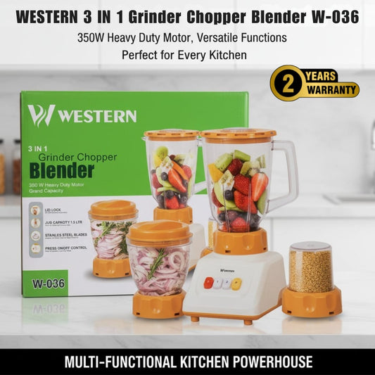 Western 3-in-1 Blender Grinder Chopper W-036 – 350W Electric Juicer Blender | Mini Chopper & Dry Mill Grinder
