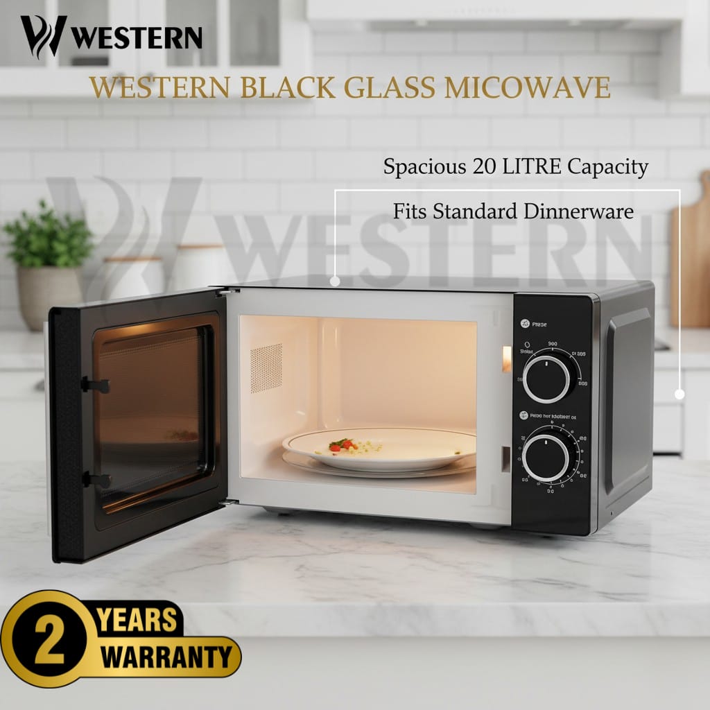 Western Premium Black Glass Microwave Oven HK4 – 20L Microwave Oven | 700W Power | 5 Power Levels | 2-Year Warranty