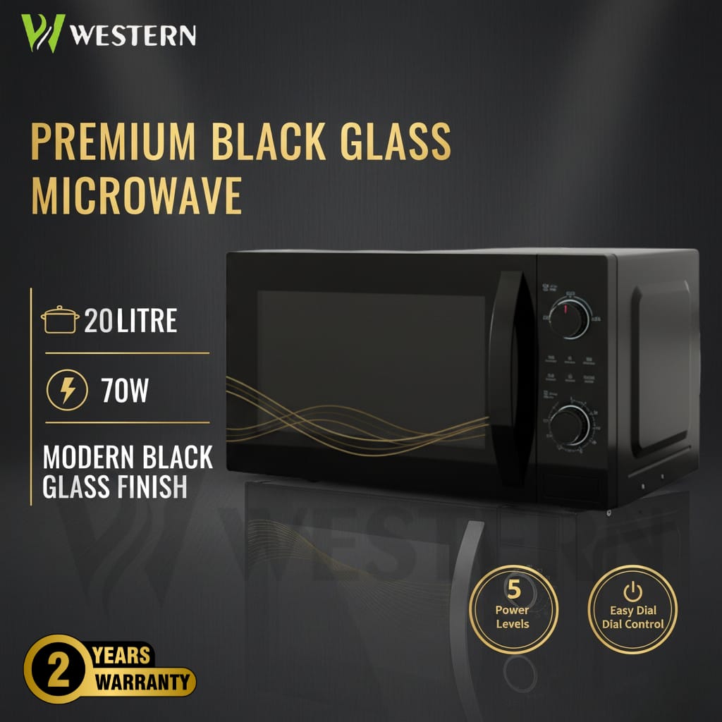 Western Premium Black Glass Microwave Oven HK4 – 20L Microwave Oven | 700W Power | 5 Power Levels | 2-Year Warranty