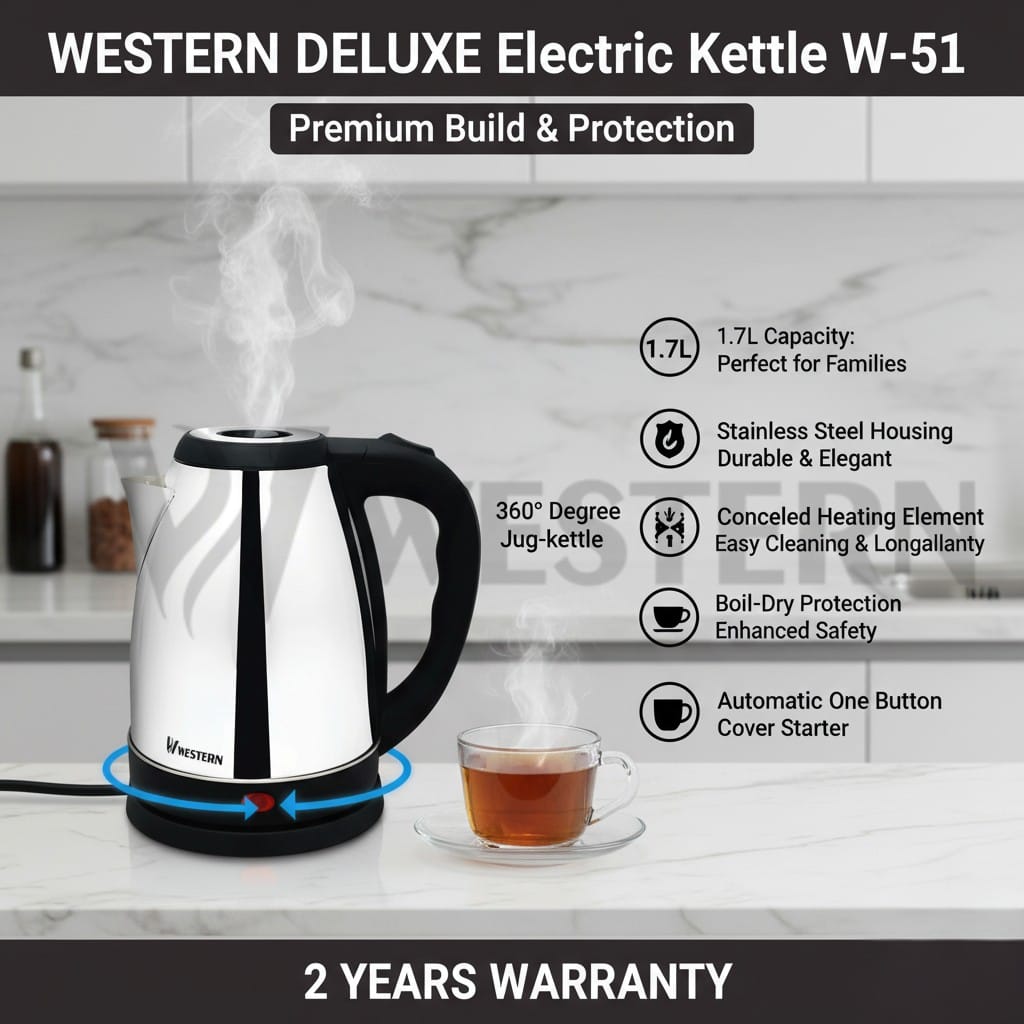 Western Deluxe Electric Kettle W-51 – 1.7L Stainless Steel Electric Kettle | | 2-Year Warranty