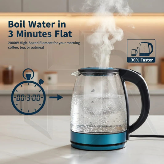 2L Electric Glass Kettle – 1500W Fast Boil with Blue LED