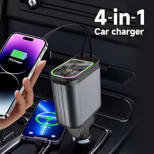 4-in-1 Retractable Car Charger – Fast Charging Car Adapter | Built-in Type-C & iPhone Cables
