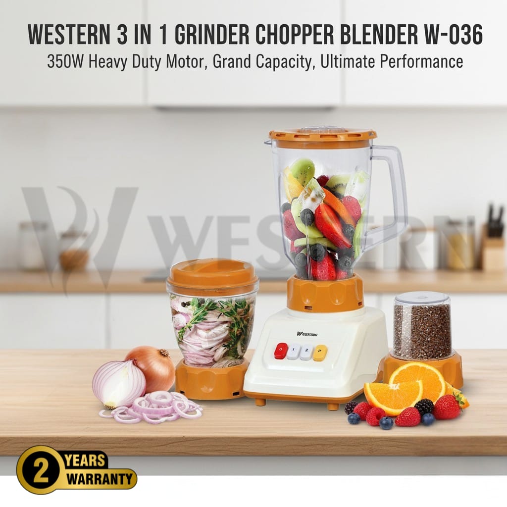Western 3-in-1 Blender Grinder Chopper W-036 – 350W Electric Juicer Blender | Mini Chopper & Dry Mill Grinder