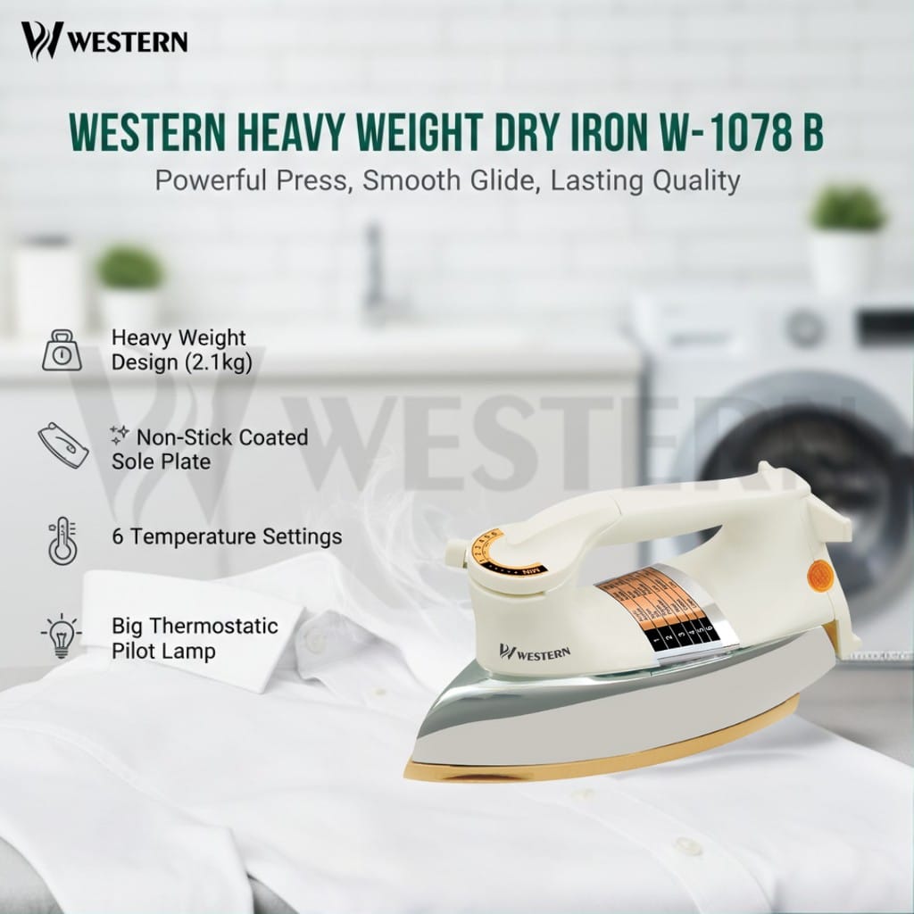 Western Heavy Weight Dry Iron 1078-B –  Adjustable Temperature Control| Non-Stick Soleplate