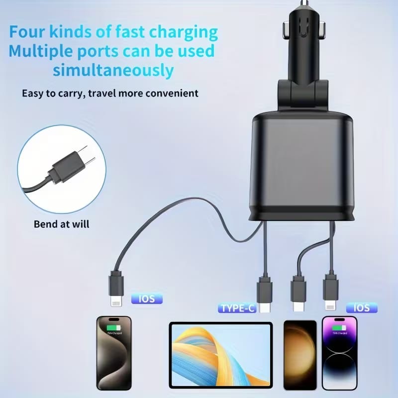 4-in-1 Retractable Car Charger – Fast Charging Car Adapter | Built-in Type-C & iPhone Cables