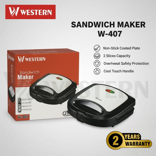 Western Sandwich Maker W-407 – 2 Slice Electric Sandwich Maker | Non-Stick Sandwich Toaster | 2-Year Warranty