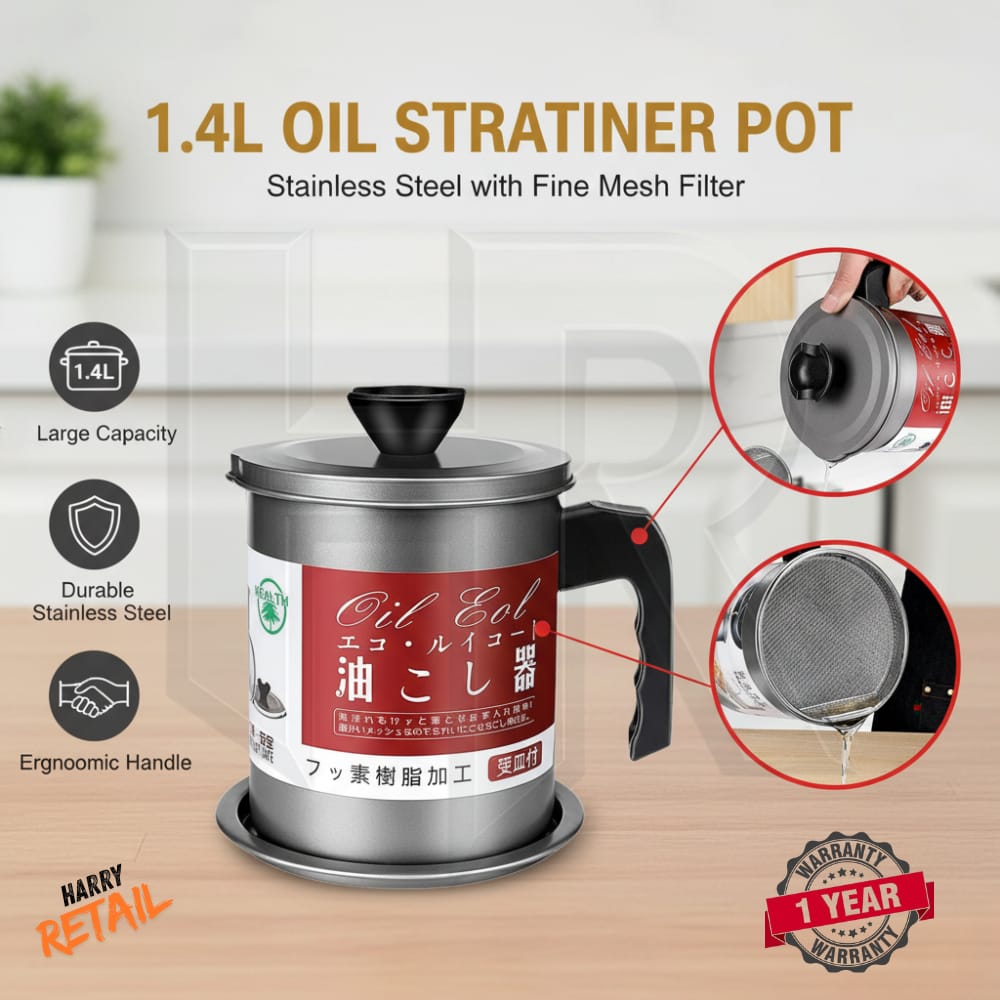 Oil Filter Pot – 1.4L Stainless Steel Grease Container with Fine Mesh Strainer | Oil Storage Can with Lid & Handle