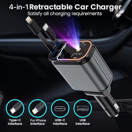 4-in-1 Retractable Car Charger – Fast Charging Car Adapter | Built-in Type-C & iPhone Cables