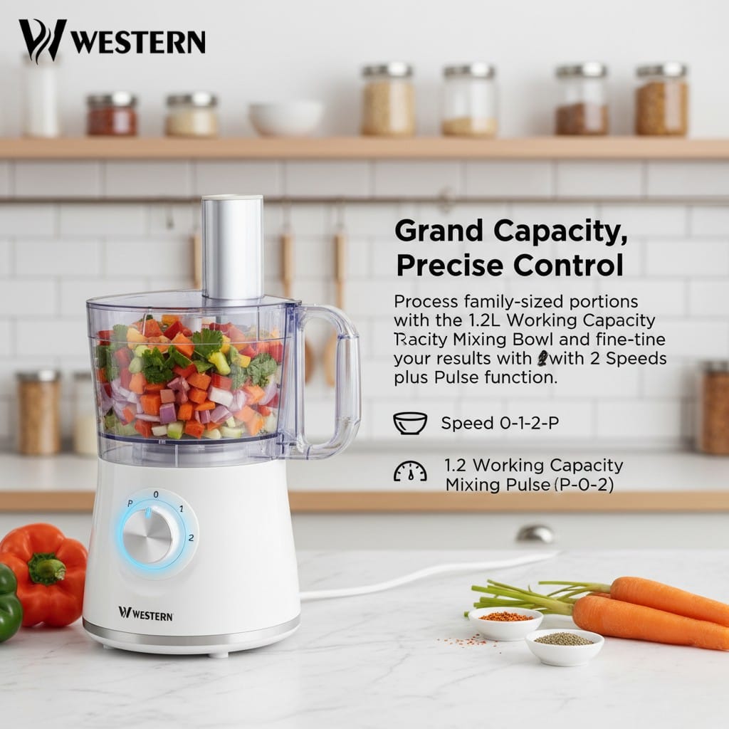 Western Food Processor W-123 – Large Capacity Bowl Chopper with 2 Speed + Pulse Control | 2-Year Warranty