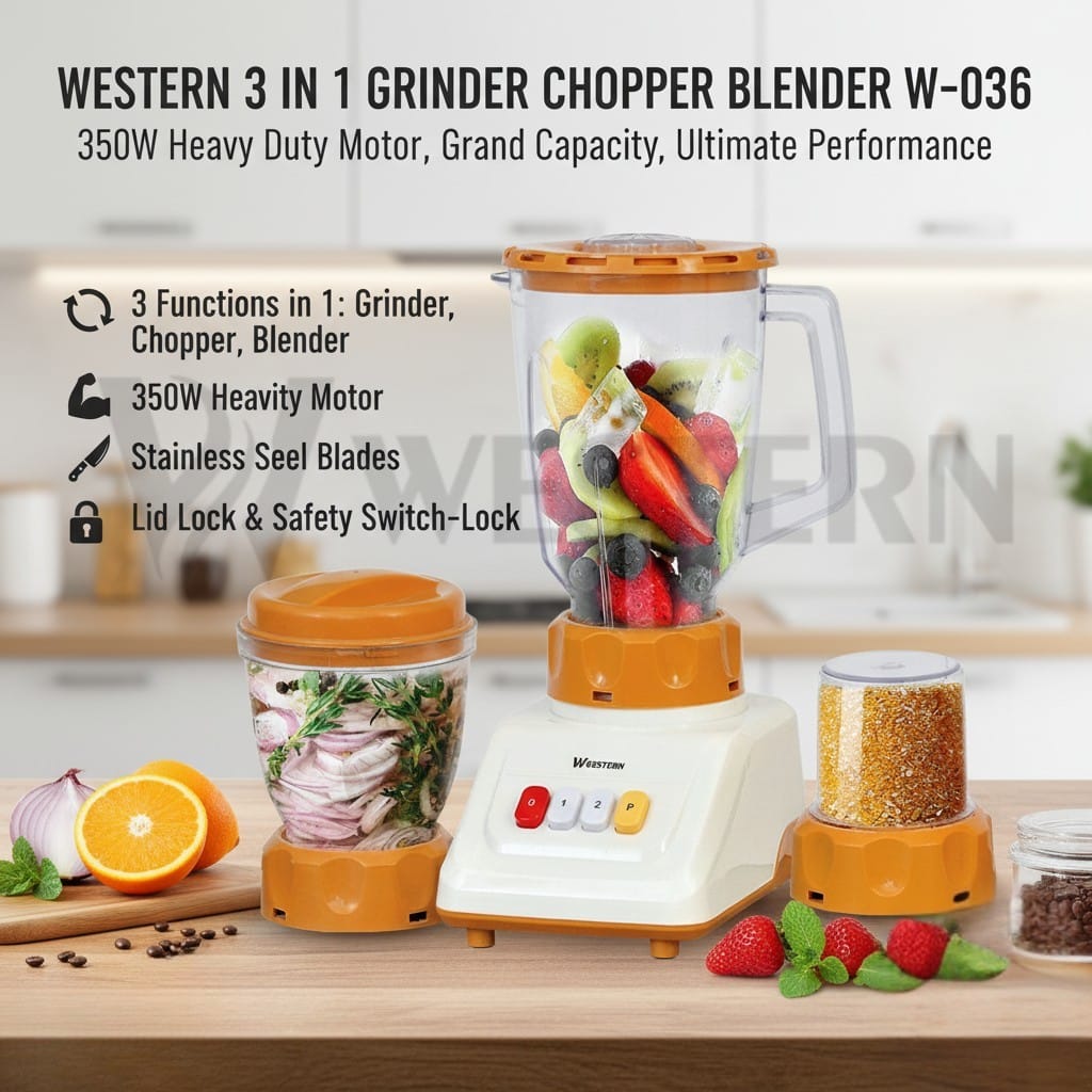 Western 3-in-1 Blender Grinder Chopper W-036 – 350W Electric Juicer Blender | Mini Chopper & Dry Mill Grinder
