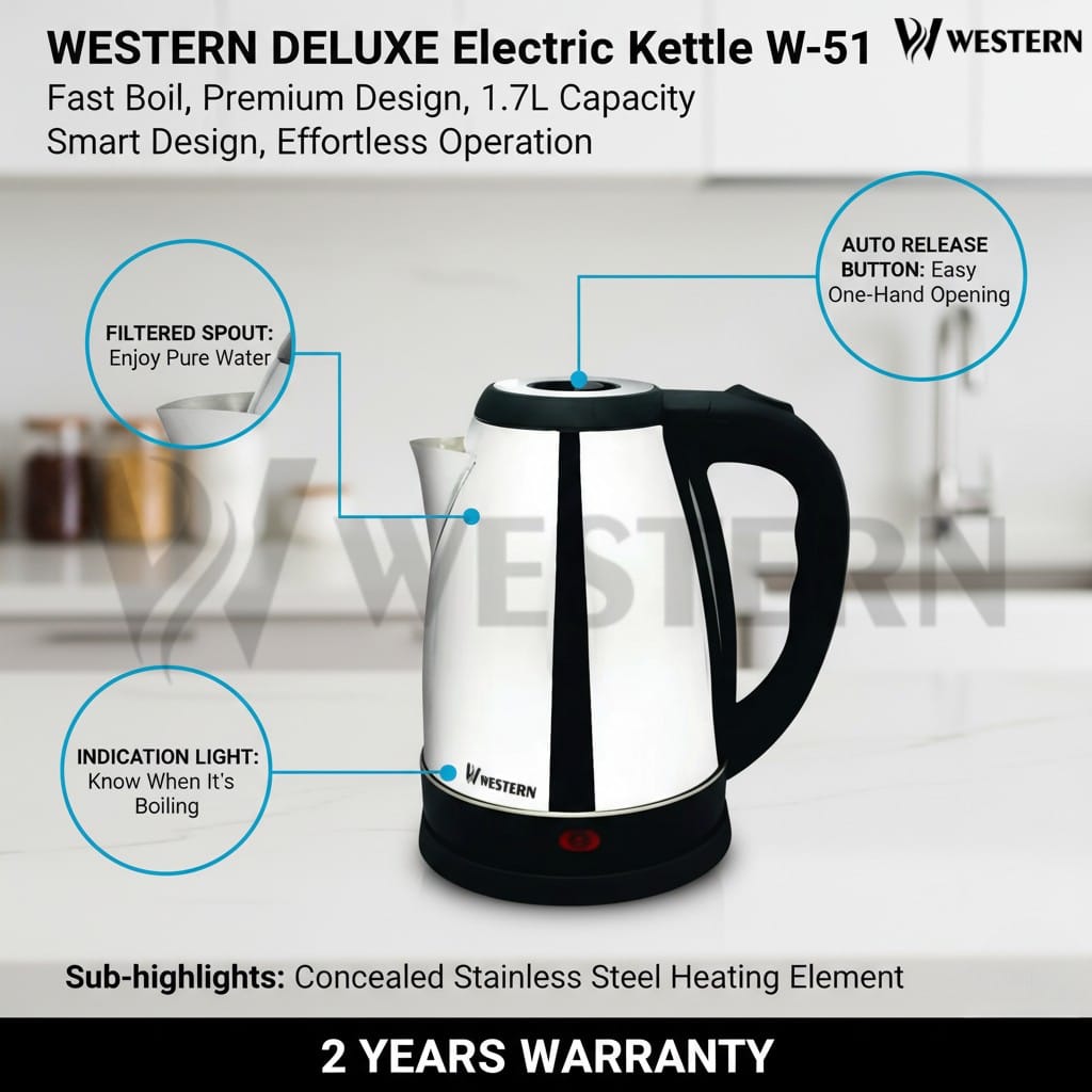 Western Deluxe Electric Kettle W-51 – 1.7L Stainless Steel Electric Kettle | | 2-Year Warranty