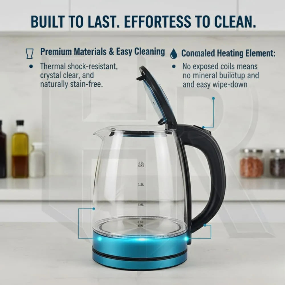2L Electric Glass Kettle – 1500W Fast Boil Water Heater | Blue LED Light | Heat-Resistant Glass Body