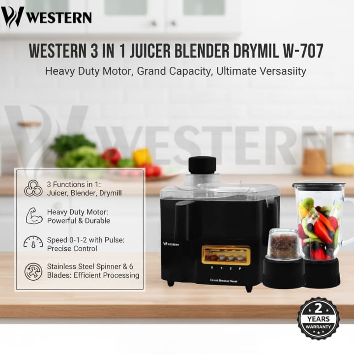 Western 3-in-1 Juicer Blender Dry Mill W-707 – Juicer Blender Machine | Heavy Duty Motor | Blender & Grinder