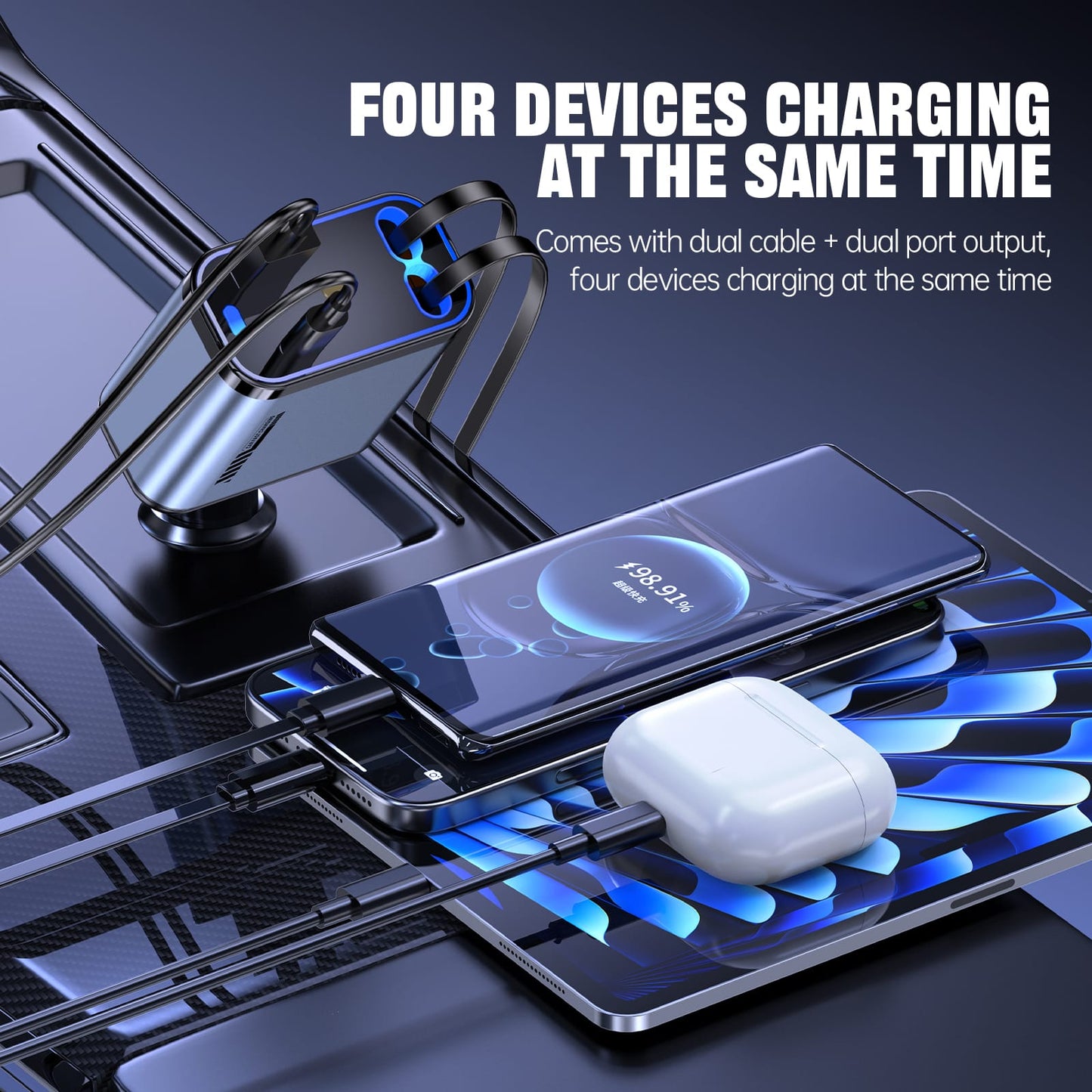 4-in-1 Retractable Car Charger – Fast Charging Car Adapter | Built-in Type-C & iPhone Cables