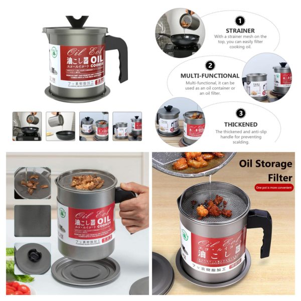 Oil Filter Pot – 1.4L Stainless Steel Grease Container with Fine Mesh Strainer | Oil Storage Can with Lid & Handle