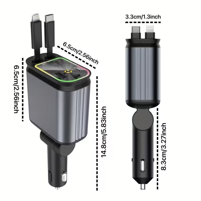 4-in-1 Retractable Car Charger – Fast Charging Car Adapter | Built-in Type-C & iPhone Cables