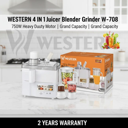 Western 4-in-1 Juicer Blender Grinder W-708 – 750W Heavy Duty Juicer Machine | Blender, Dry Mill & Chutney Grinder | 2-Year Warranty