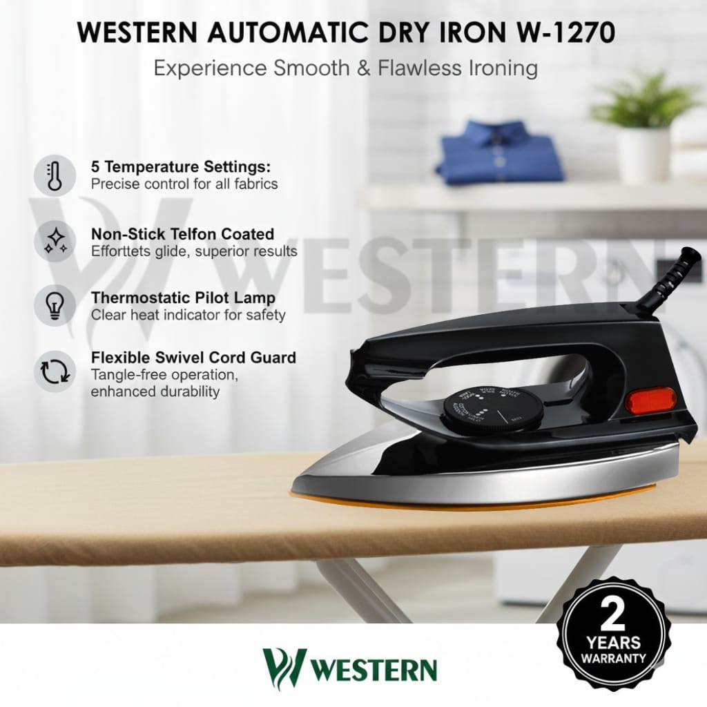 Western Automatic Dry Iron W-1270 – Non-Stick Soleplate | Lightweight & Energy Efficient