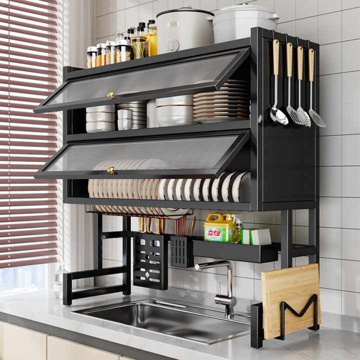 Over Sink Dish Rack – Multifunctional Kitchen Sink Organizer | Double Layer Storage Rack with Dish Holder, Knife Holder, Chopping Board Rack & Hooks