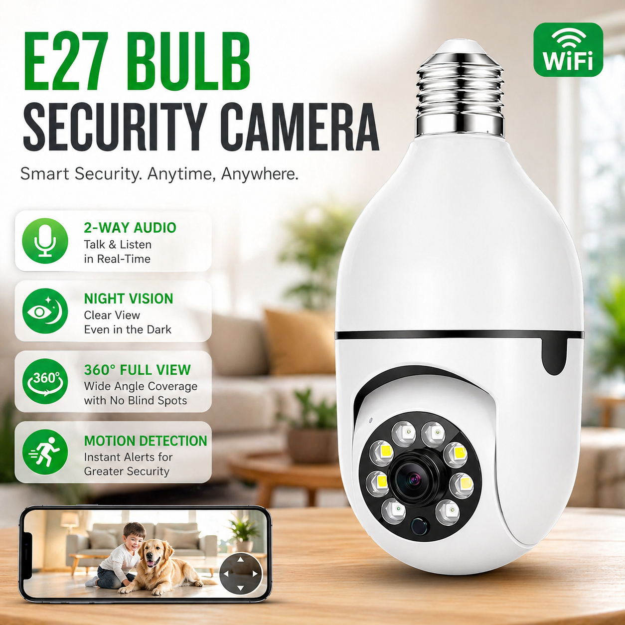 E27 WiFi Smart Camera – Bulb Socket Security Camera | 360° CCTV Camera with Mobile App Control