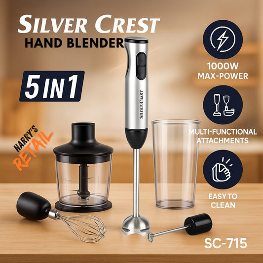 5-in-1 Hand Blender – Silver Crest SC-715 | 1000W Powerful Stick Blender | Chopper, Whisk, Frother & Beaker | Stainless Steel Shaft