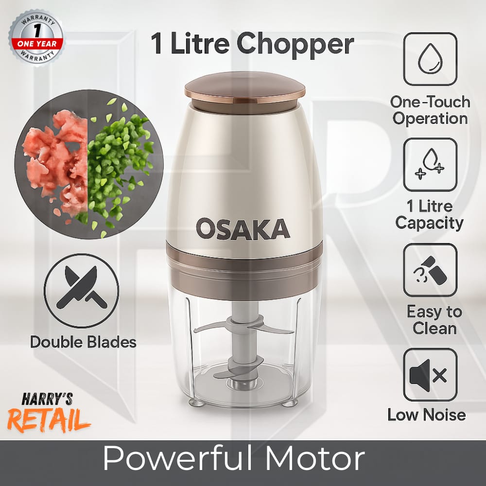 Osaka 1 Litre Electric Chopper Machine – Powerful Food Processor & Mini Blender | Stainless Steel Bowl | Sharp Blades