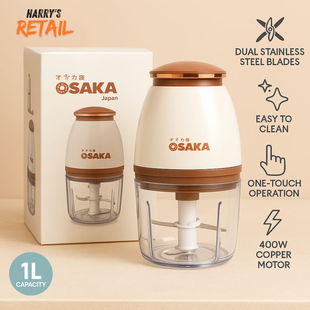 Osaka 1 Litre Electric Chopper Machine – Powerful Food Processor & Mini Blender | Stainless Steel Bowl | Sharp Blades