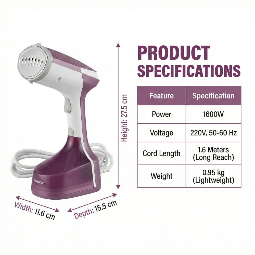 Silver Crest Garment Steamer – 1600W Powerful Clothes Steamer | Fast Heat-Up Wrinkle Remover | 300ml Water Tank