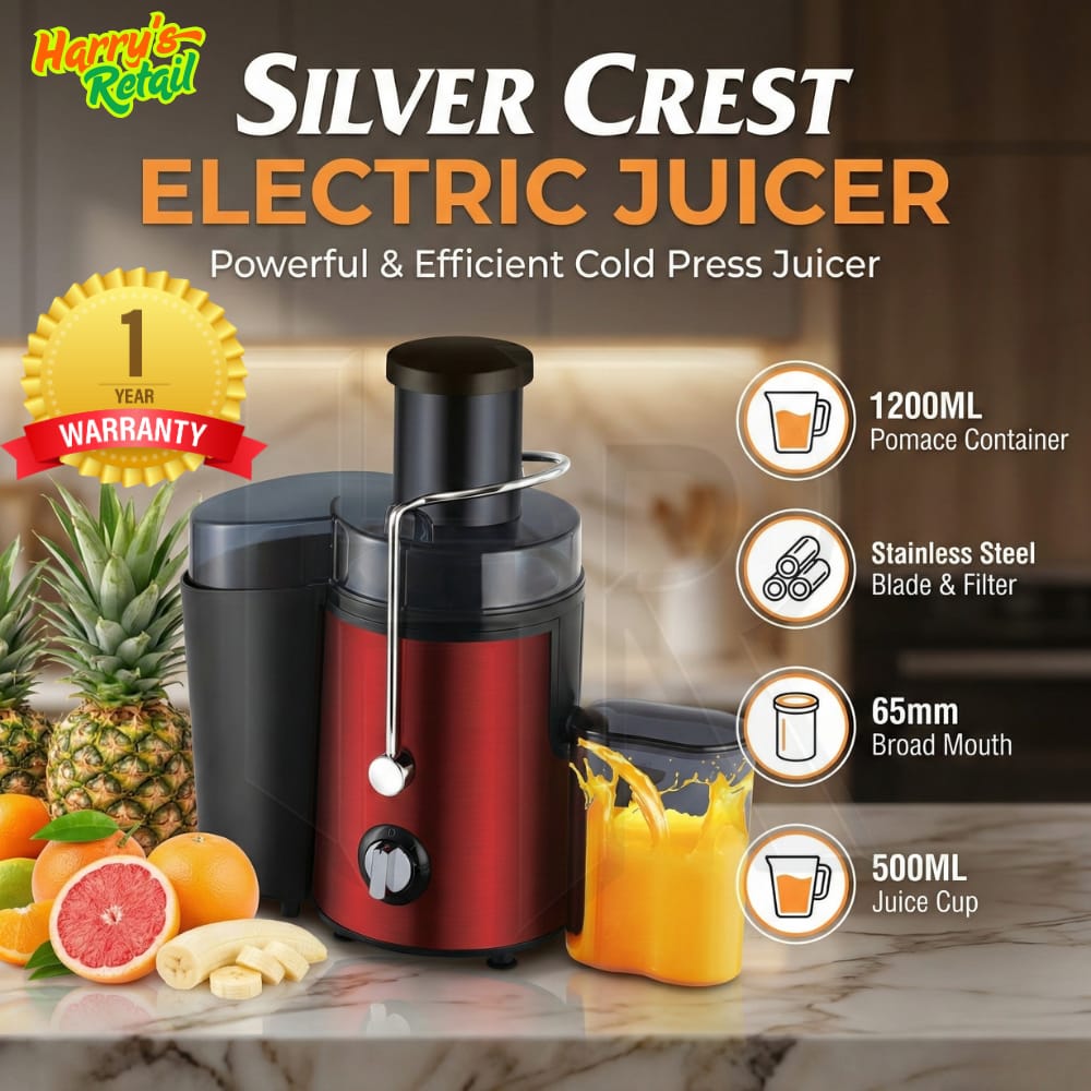Silver Crest Electric Juicer Machine | Cold Press Juice Extractor | 65mm Wide Mouth | 1200ml Pulp Container | 500ml Juice Cup