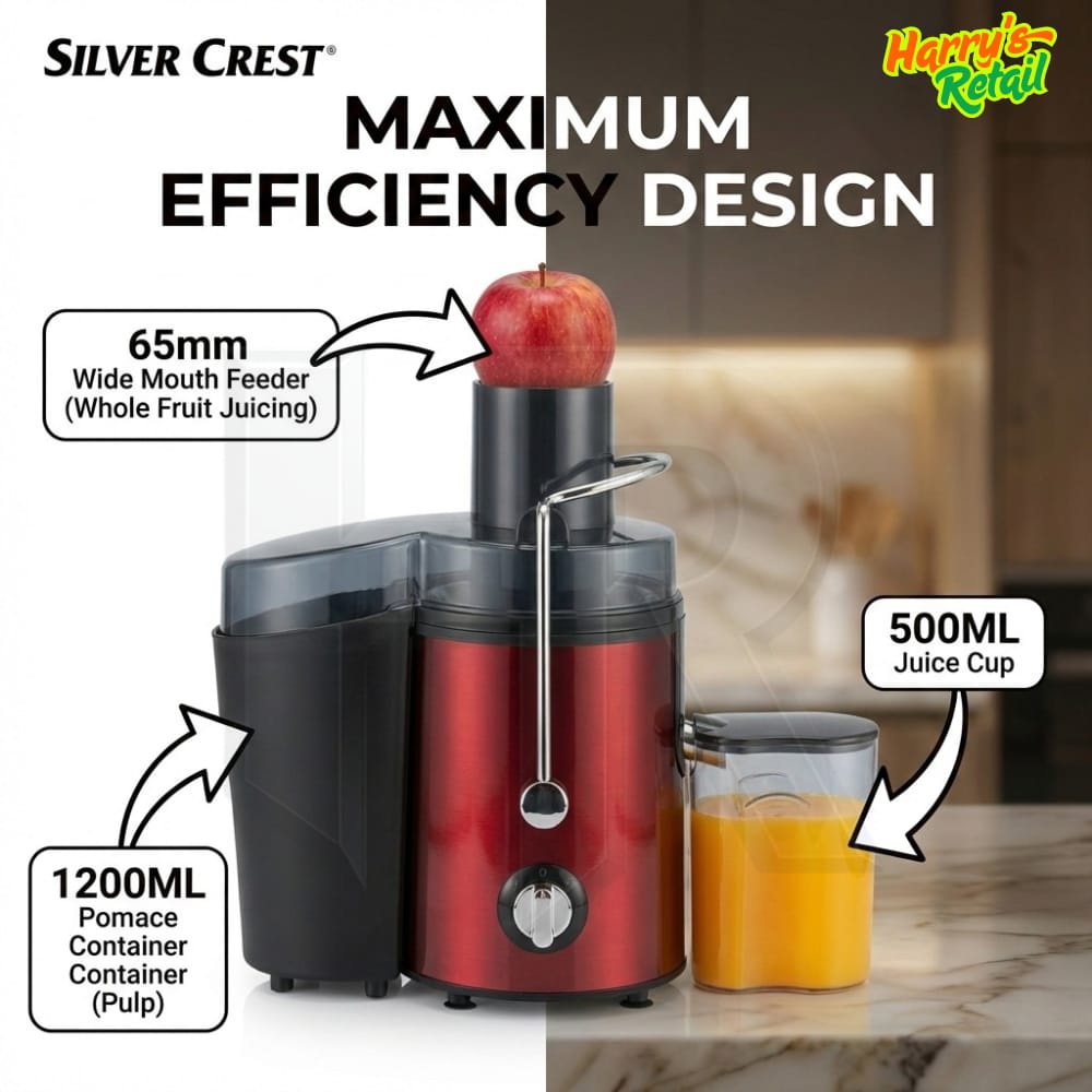 Silver Crest Electric Juicer Machine | Cold Press Juice Extractor | 65mm Wide Mouth | 1200ml Pulp Container | 500ml Juice Cup