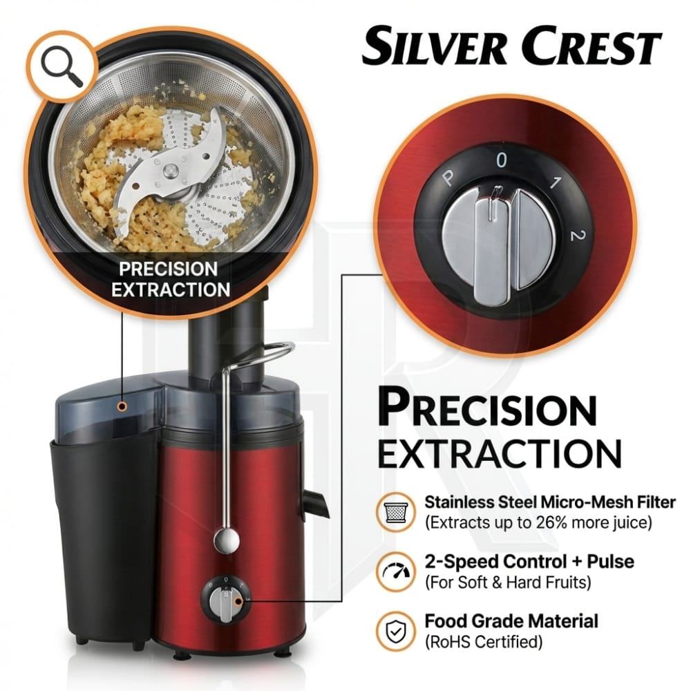 Silver Crest Electric Juicer Machine | Cold Press Juice Extractor | 65mm Wide Mouth | 1200ml Pulp Container | 500ml Juice Cup