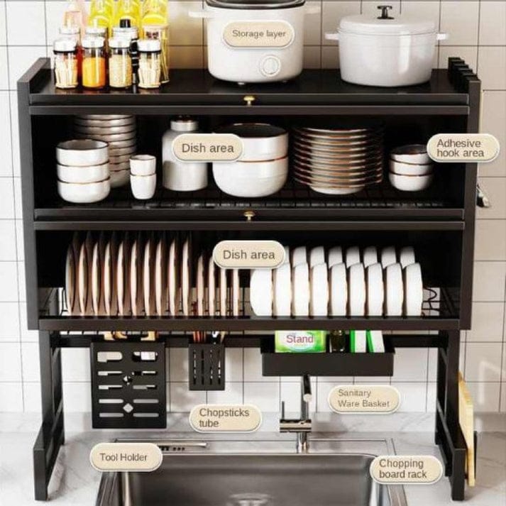 Over Sink Dish Rack – Multifunctional Kitchen Sink Organizer | Double Layer Storage Rack with Dish Holder, Knife Holder, Chopping Board Rack & Hooks