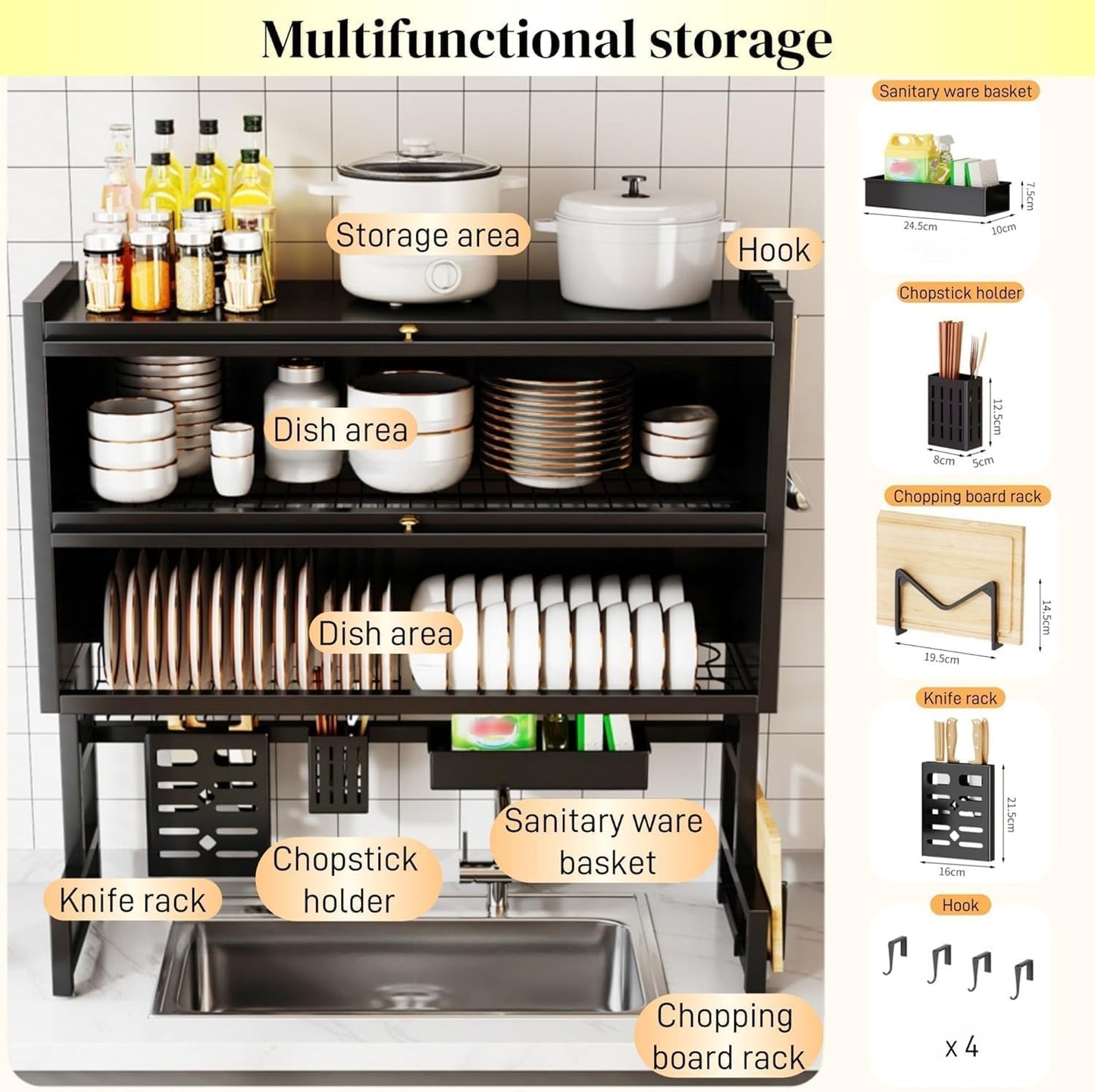 Over Sink Dish Rack – Multifunctional Kitchen Sink Organizer | Double Layer Storage Rack with Dish Holder, Knife Holder, Chopping Board Rack & Hooks