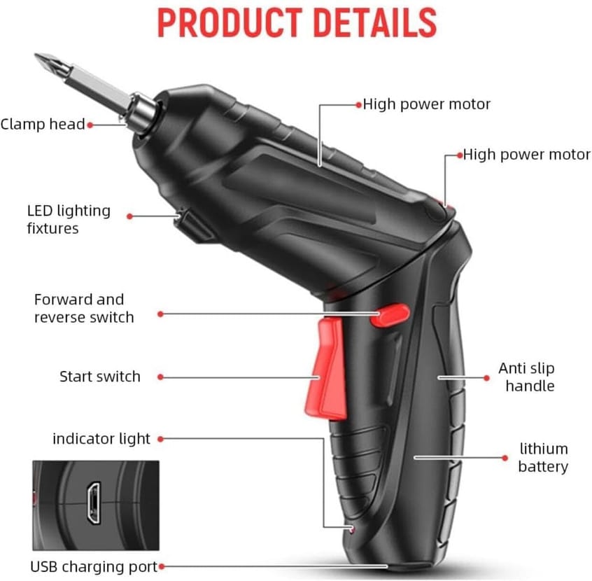 Cordless Screwdriver Drill – 47 PCS Mini Electric Screwdriver Kit | Rechargeable Power Drill with USB Charging | Forward & Reverse Rotation | Flexible Extension Shaft