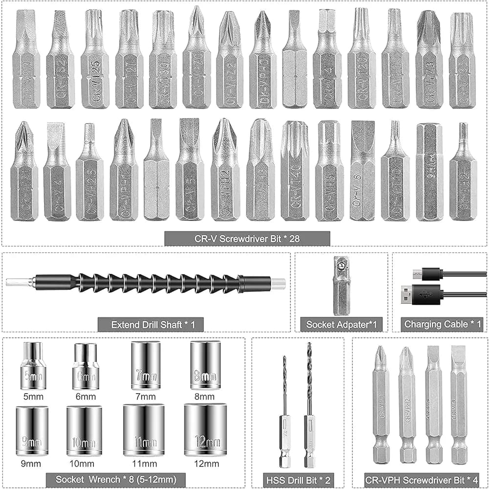 Cordless Screwdriver Drill – 47 PCS Mini Electric Screwdriver Kit | Rechargeable Power Drill with USB Charging | Forward & Reverse Rotation | Flexible Extension Shaft