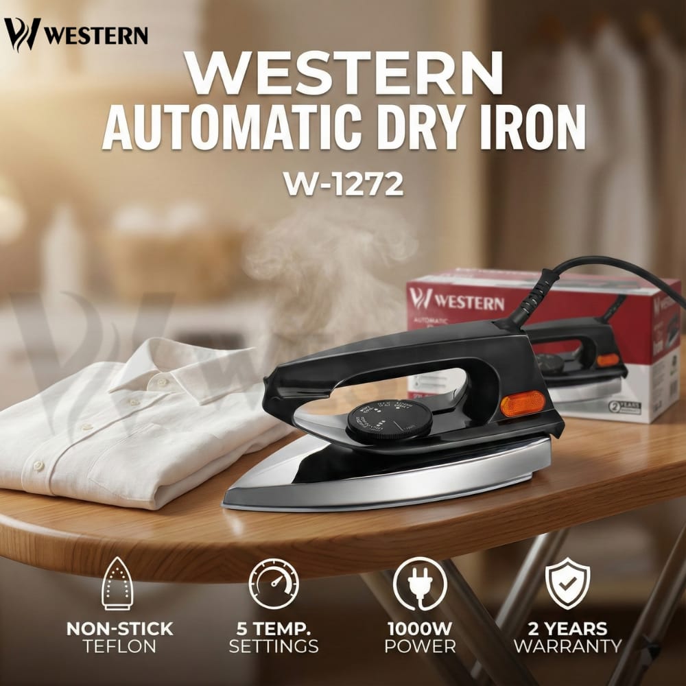 Western Automatic Dry Iron W-1272 – 1000W Dry Iron | Non-Stick Teflon Soleplate