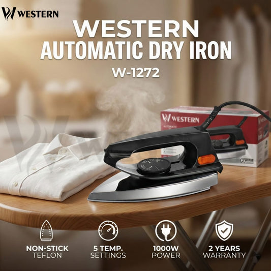 Western Automatic Dry Iron W-1272 – 1000W Dry Iron | Non-Stick Teflon Soleplate