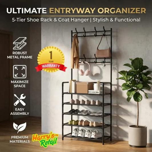 Multifunctional Shoe Rack Stand – 5 Layer Shoe Storage Rack with Coat & Hat Hanger | Metal Entryway Organizer