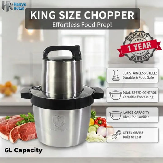 6L Chopper Machine – King Size Electric Chopper | 304 Stainless Steel Bowl | Dual Speed Control | Heavy Duty Food Processor