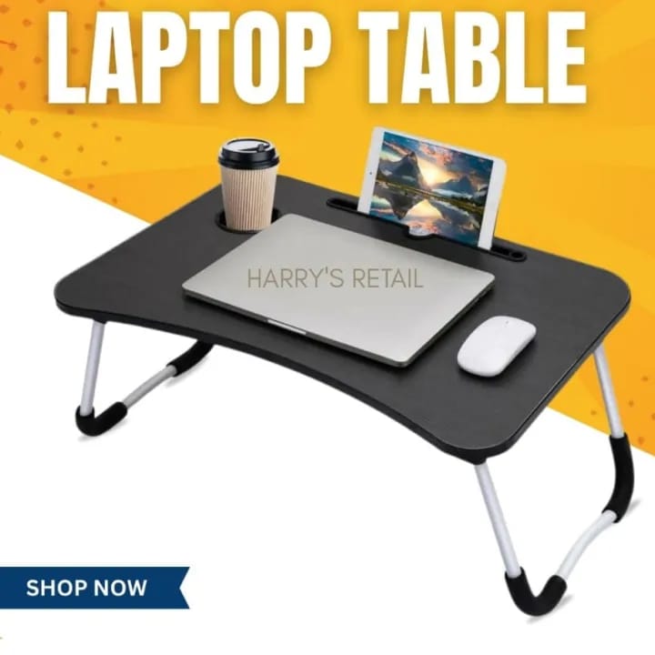 Wooden Laptop Table – Portable Foldable Bed Table for Laptop, Study & Gaming | Multi-Purpose Desk with Tablet & Cup Holder